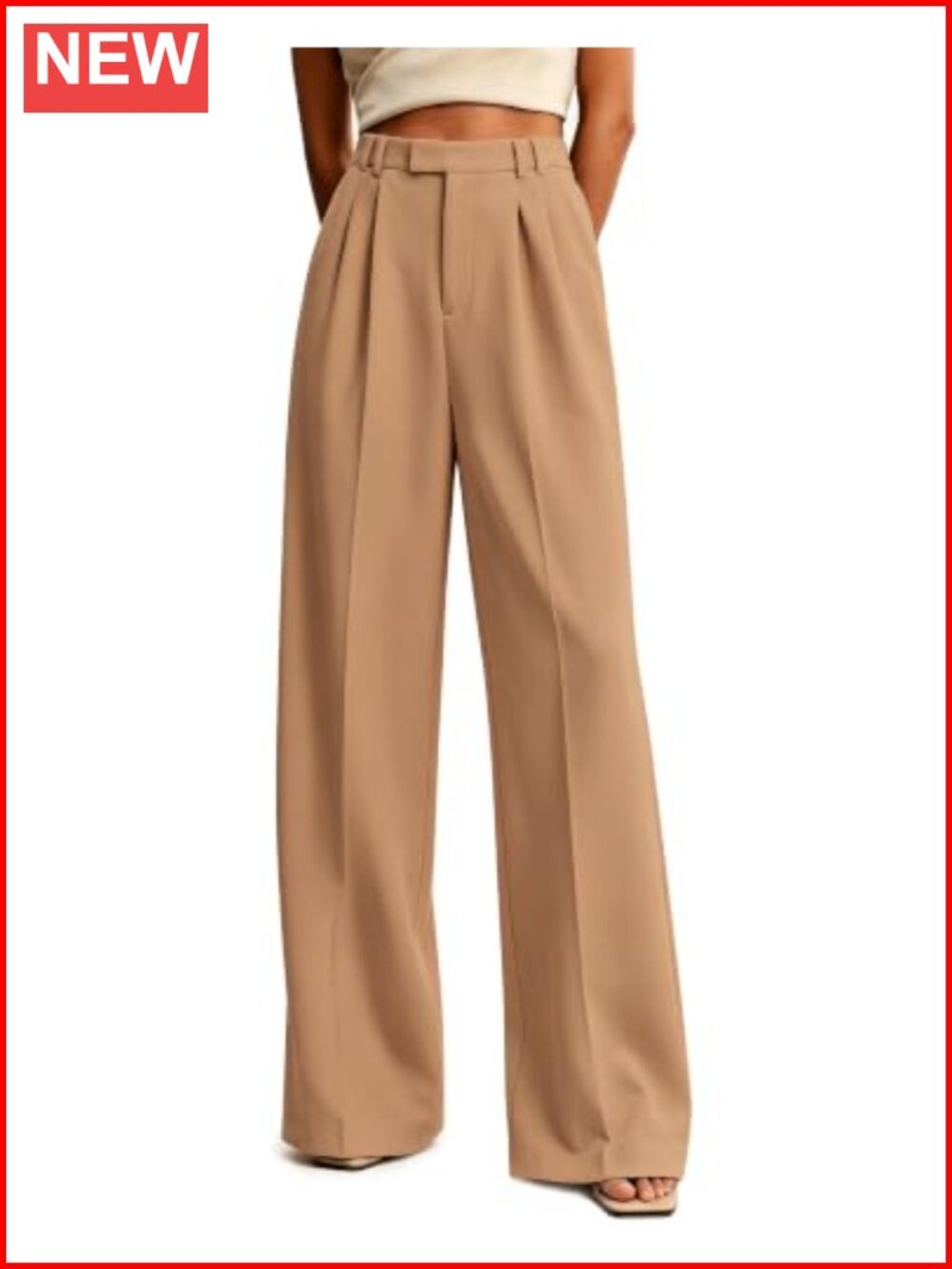 Pleated Wide Leg Dress Pants Elastic Back Waist Work Trousers with Pockets